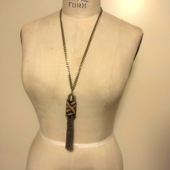 Iris Apfel & Bajalia Gold Brown Rust Metal Beaded Tassel Statement Necklace - Picture 1 of 11